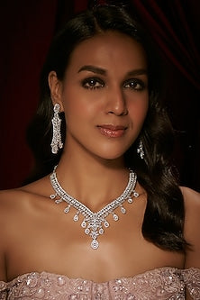 Silver Finish Zircon Long Necklace Set