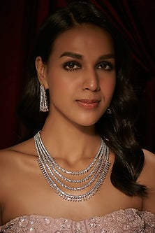 Silver Finish Zircon Long Necklace Set