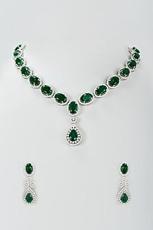 Silver Finish Zircon & Emerald Stone Choker Necklace Set