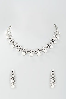 Silver Finish Zircon & Pearl Choker Necklace Set