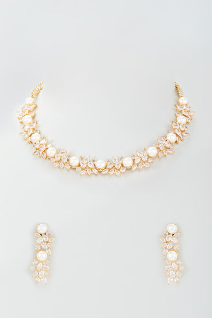 Gold Finish Zircon & Pearl Choker Necklace Set