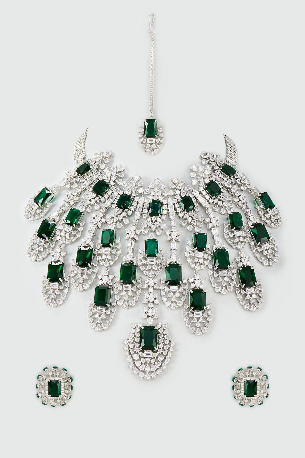 Silver Finish Zircon & Emerald Choker Necklace Set