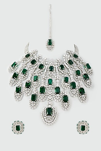 Silver Finish Zircon & Emerald Choker Necklace Set
