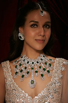 Silver Finish Zircon & Emerald Choker Necklace Set