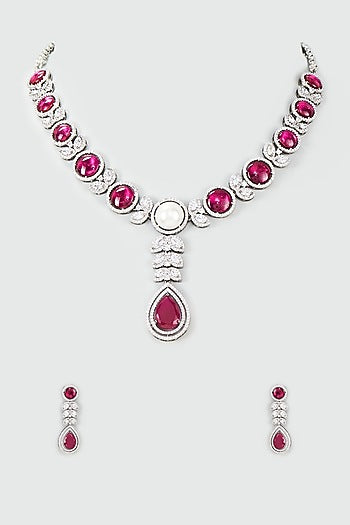 Silver Finish Zircon & Ruby Necklace Set