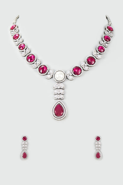Silver Finish Zircon & Ruby Necklace Set
