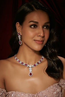 Silver Finish Zircon & Ruby Necklace Set