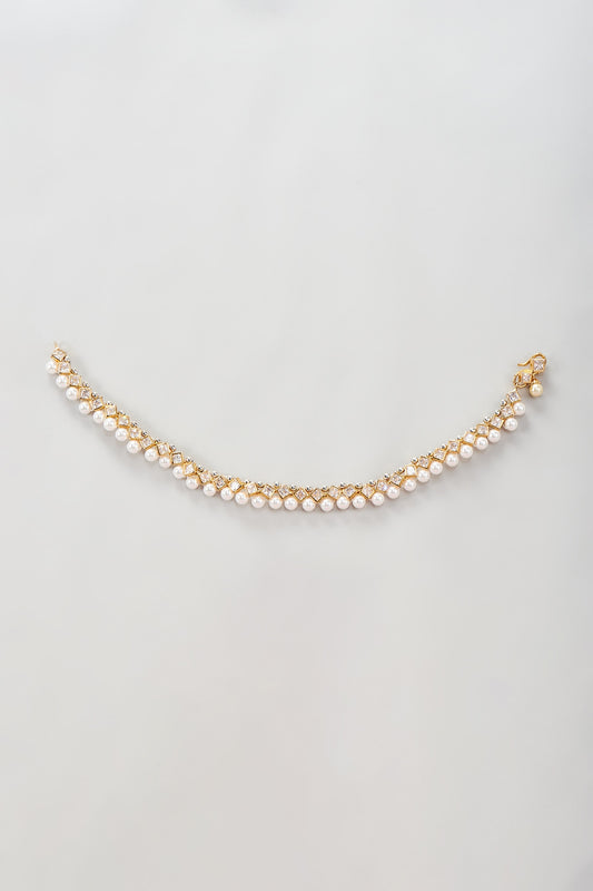 Gold Finish Zircon & Pearl Anklets (Set Of 2)