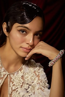 Silver Finish Zircon & Pink Stone Bangle