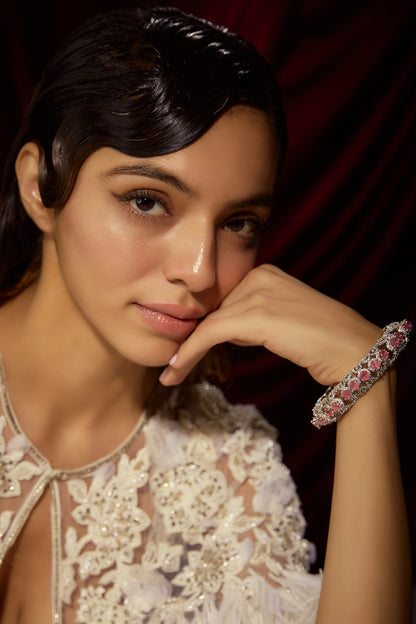 Silver Finish Zircon & Pink Stone Bangle
