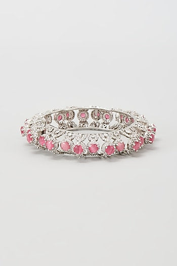 Silver Finish Zircon & Pink Stone Bangle