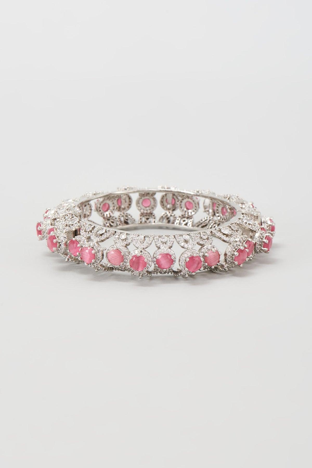 Silver Finish Zircon & Pink Stone Bangle