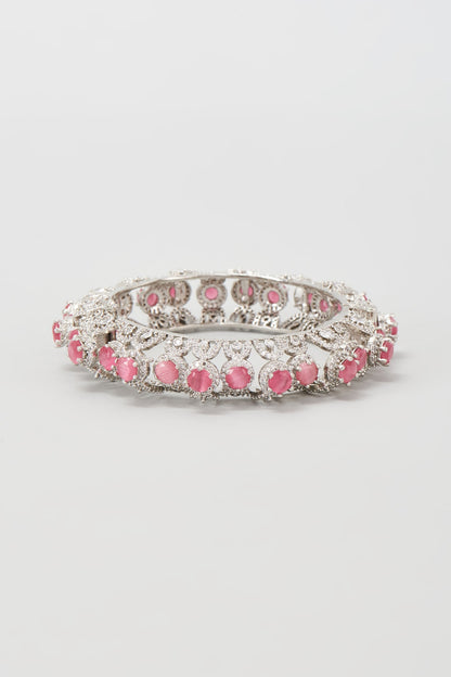 Silver Finish Zircon & Pink Stone Bangle
