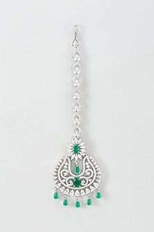 Silver Finish Zircon & Emeralds Maangtikka