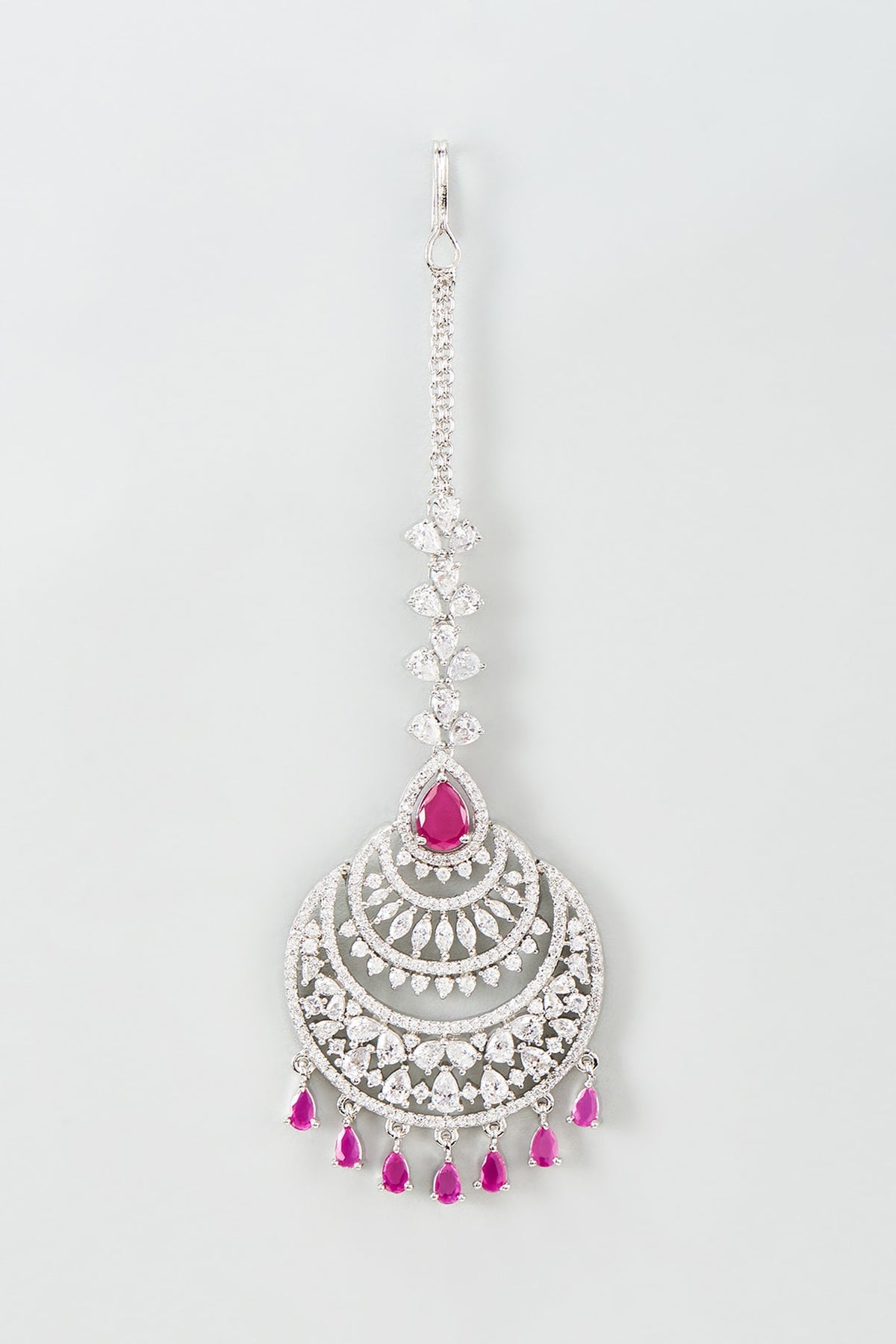 Silver Finish Zircon & Ruby Maangtikka