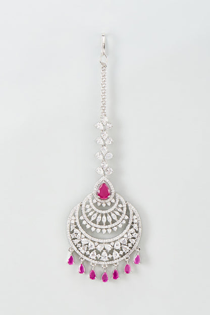 Silver Finish Zircon & Ruby Maangtikka