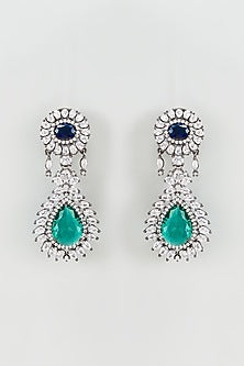 White Finish Aqua & Green Stone Dangler Earrings