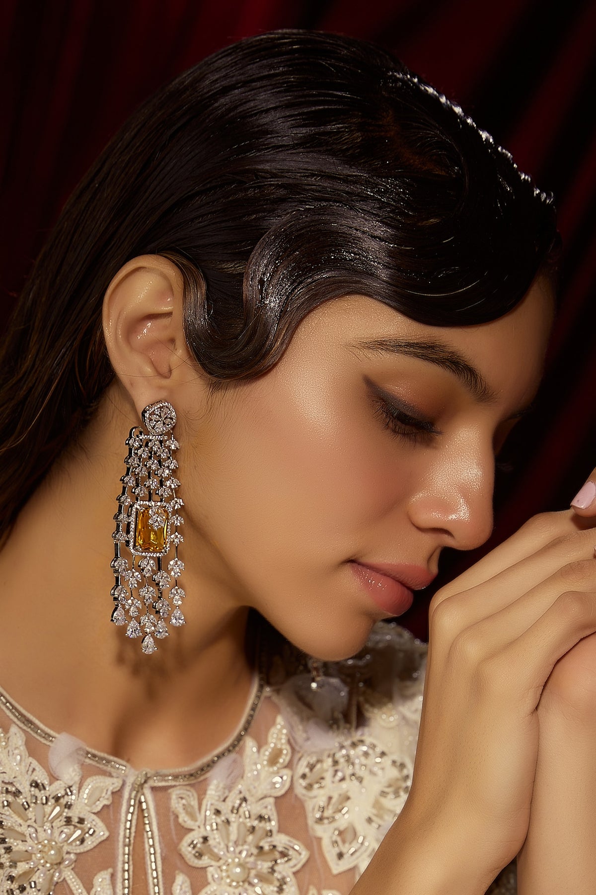 White Finish Yellow Sapphire & Zircon Dangler Earrings