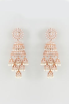 Rose Gold Finish Zircon Dangler Earrings With Maangtikka