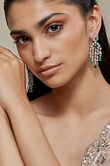 Silver Finish Zircon & Emerald Stone Dangler Earrings