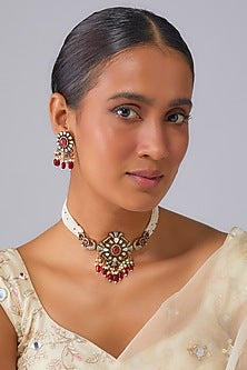 Gold Finish Kundan Polki & Ruby Beaded Choker Necklace Set