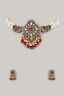 Gold Finish Kundan Polki & Ruby Beaded Choker Necklace Set