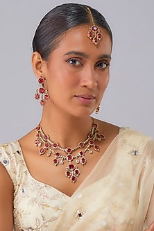 Black Rhodium Finish Zircon & Ruby Stone Necklace Set