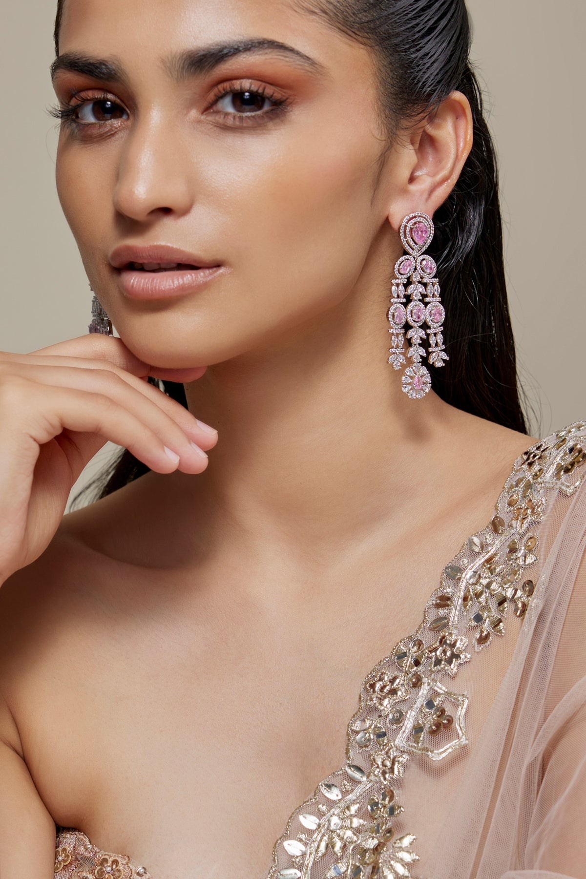 Silver Finish Rose Quartz Stone & Zircon Dangler Earrings