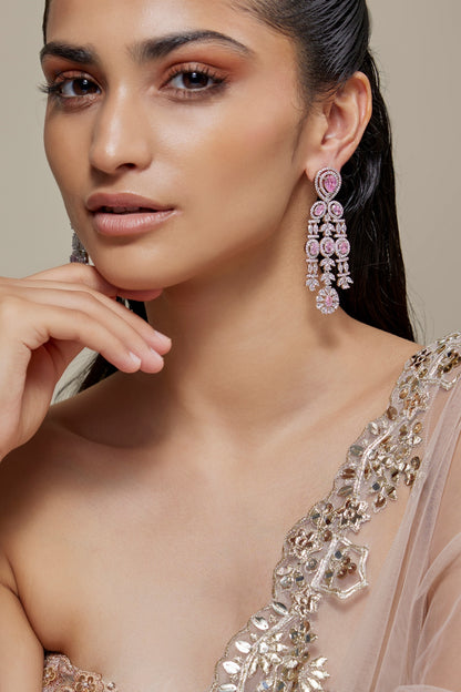 Silver Finish Rose Quartz Stone & Zircon Dangler Earrings