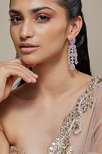Silver Finish Rose Quartz Stone & Zircon Dangler Earrings