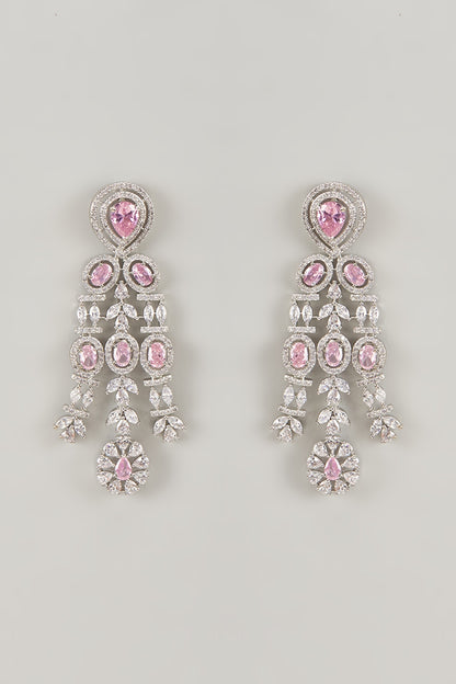 Silver Finish Rose Quartz Stone & Zircon Dangler Earrings