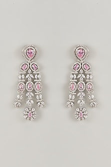 Silver Finish Rose Quartz Stone & Zircon Dangler Earrings