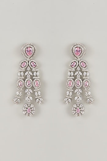 Silver Finish Rose Quartz Stone & Zircon Dangler Earrings