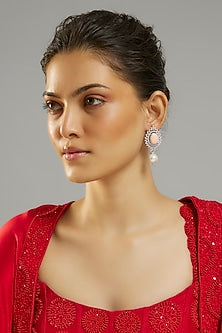Silver Finish Peach Moon Stone & Zircon Dangler Earrings