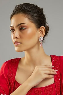 Silver Finish Rose Quartz Stone & Zircon Dangler Earrings