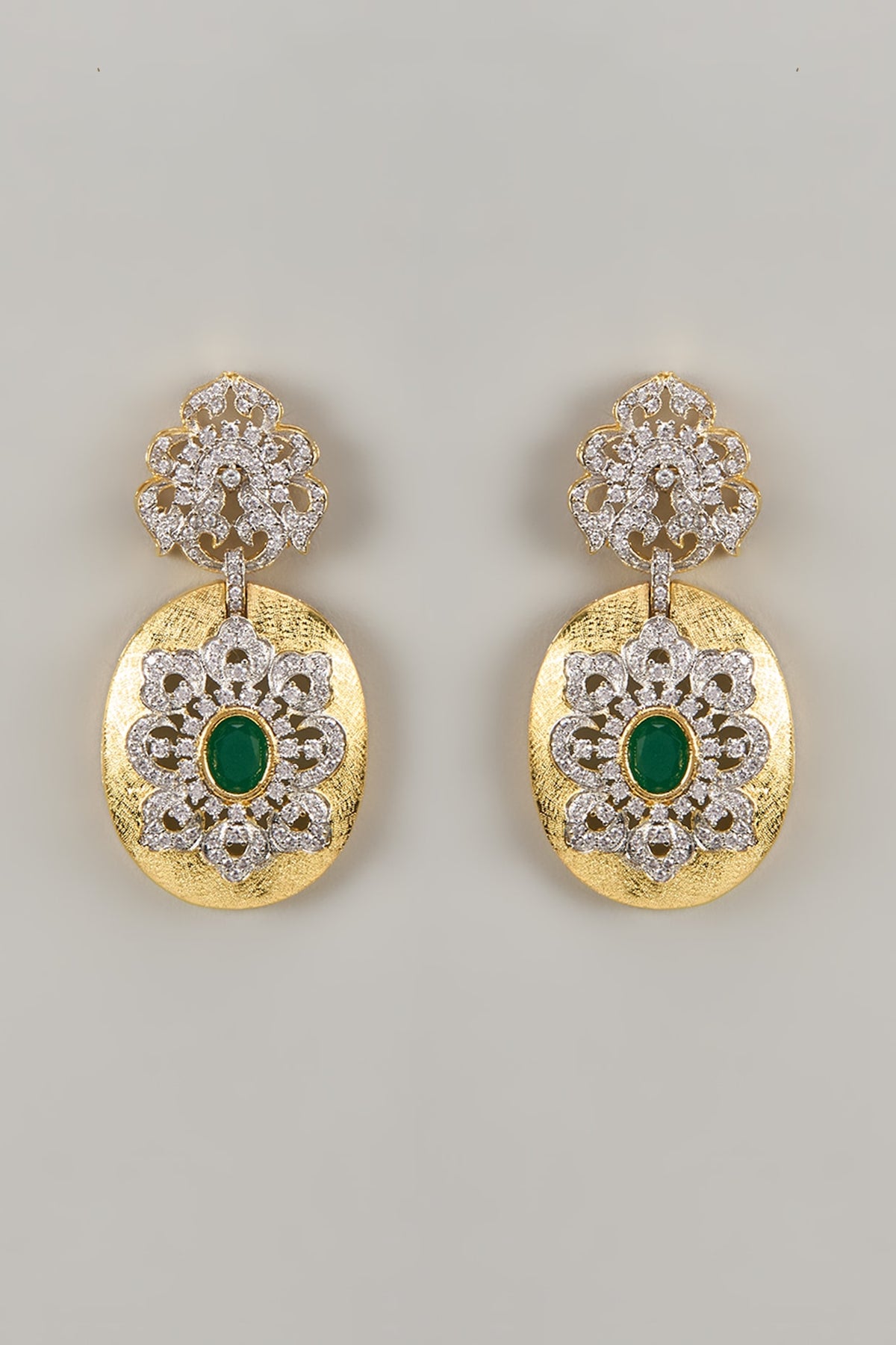 Two-Tone Finish Emerald Stone & Zircon Dangler Earrings