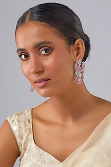 Silver Finish Pink Rose Quartz Stone & Zircon Dangler Earrings