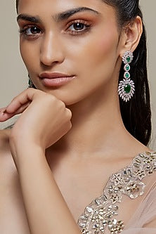 Silver Finish Emerald Stone & Zircon Dangler Earrings