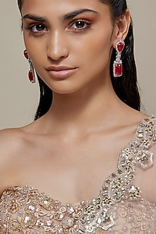 Silver Finsh Ruby Stone & Zircon Dangler Earrings