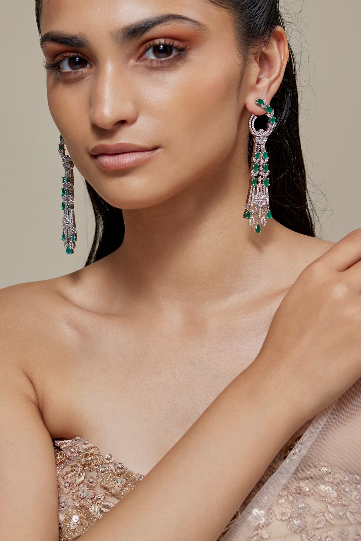 Silver Finish Zircon & Emerald Stone Dangler Earrings