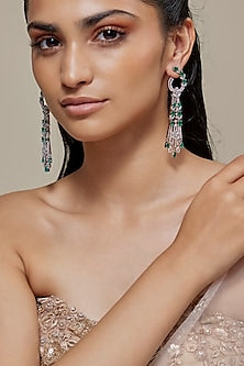 Silver Finish Zircon & Emerald Stone Dangler Earrings