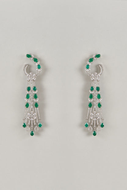 Silver Finish Zircon & Emerald Stone Dangler Earrings