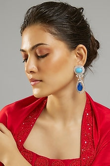 Silver Finish Sapphire Opal Stone & Zircon Dangler Earrings