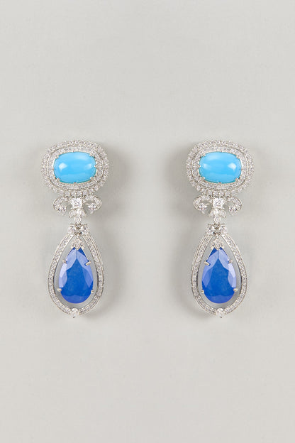 Silver Finish Sapphire Opal Stone & Zircon Dangler Earrings
