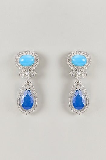 Silver Finish Sapphire Opal Stone & Zircon Dangler Earrings