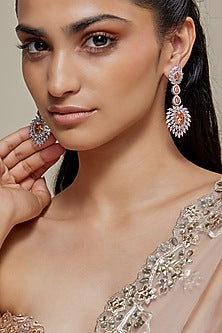 Silver Finish Orange Topaz Stone & Zircon Dangler Earrings