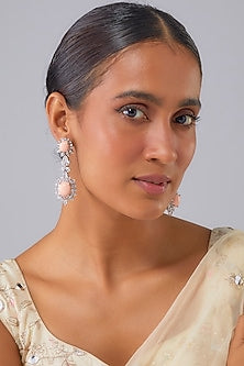 Silver Finish Peach Moon Stone & Zircon Dangler Earrings