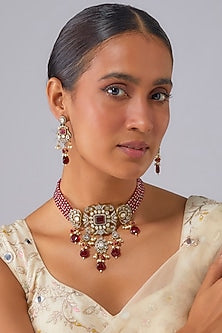 Gold Finish Ruby Stone & Kundan Polki Choker Necklace Set