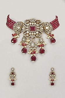 Gold Finish Ruby Stone & Kundan Polki Choker Necklace Set