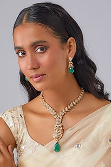 Gold Finish Emerald Stone & Kundan Polki Long Necklace Set